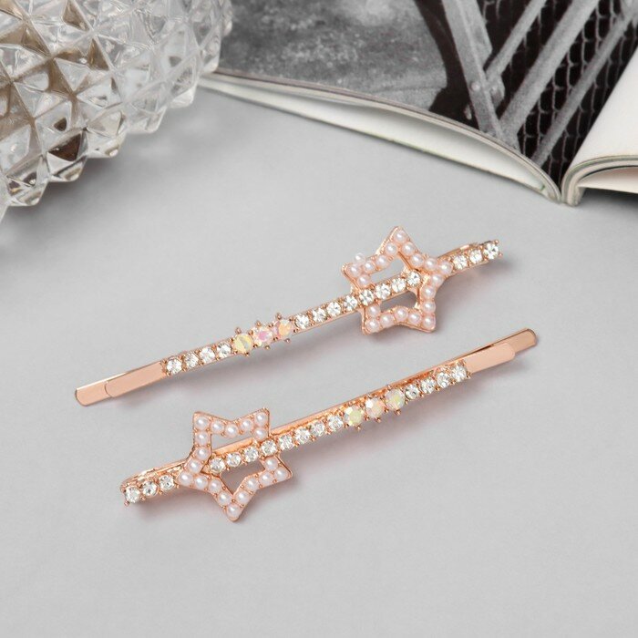 фото Невидимка для волос "Глория" (набор 2 шт) звезда, 6 см, розовое золото (2 шт)