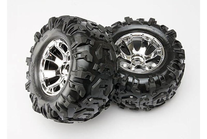 Колеса, диски, резина TRAXXAS запчасти Tires & wheels, assembled, glued (Geode chrome wheels, Canyon AT tires, foam inserts) (2) (use w