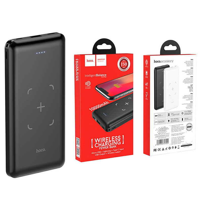 Внешний аккумулятор (Power Bank) для Hoco J50 10000mAh (5,0V, 2A, беспроводная зарядка) (черный)