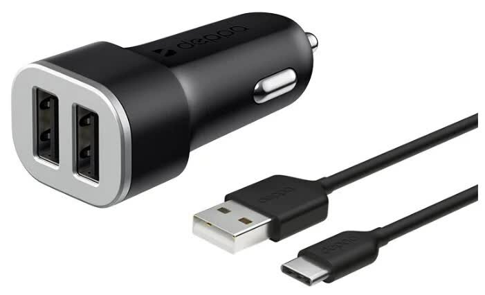 Автомобильное зарядное устройство Deppa 2 USB 2.4А + кабель USB Type-C черный