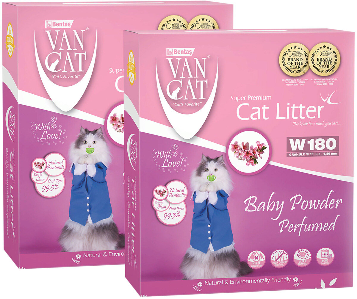 фото VAN CAT BABY POWDER наполнитель комкующийся для туалета кошек с ароматом детской присыпки (5 + 5 кг)