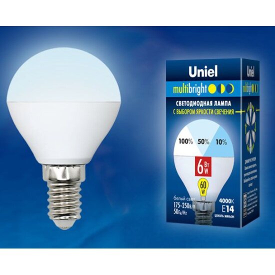 Светодиодная лампа UNIEL LED-G45-6W/NW/E14/FR/MB PLM11WH Форма «шар», матовая. Серия Multibright. Белый свет (4000K). 100-50-10. Картон. ТМ .