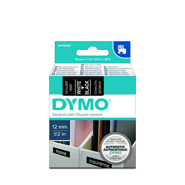 Лента Dymo D1 [S0720610/45021] для принтеров серии Label Manager (белый на черном, 12 мм, длина 7 м)