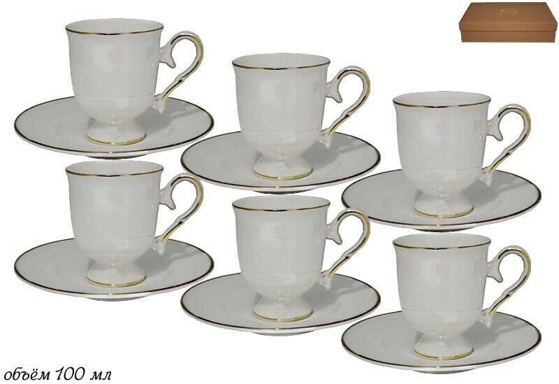 фото Кофейный набор 12 предметов Lenardi Перламутр Белый чашки 100мл, блюдца, фарфор