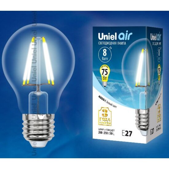 Светодиодная лампа UNIEL LED-A60-8W/NW/E27/CL GLA01TR Форма "A", прозрачная. Серия Air. Белый свет (4000K). Картон. ТМ