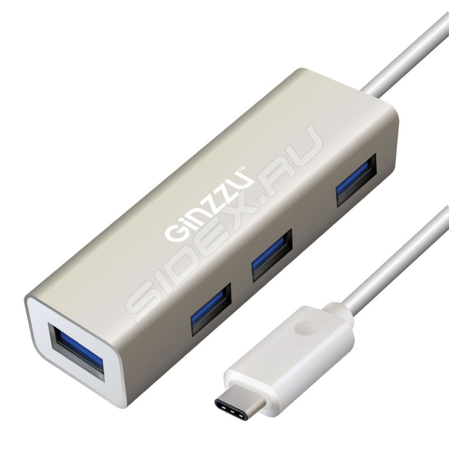 Концентратор Ginzzu GR-518UB OTG Type C! 4-х портовый USB 3.0 OTG Type C концентратор, интерфейс USB 3.1 Type C, кабель - 20 см, алюминиевый корпус,