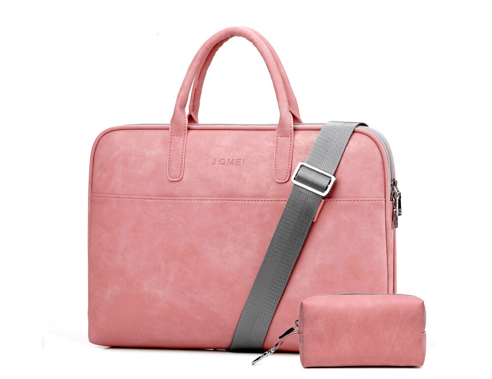 Сумка-портфель MyPads M933 для ноутбука из качественной искусственной кожи женская модная красивая с ручкой для переноски и с ремнем через плечо + сумочка для аксессуаров розового цвета (17.3