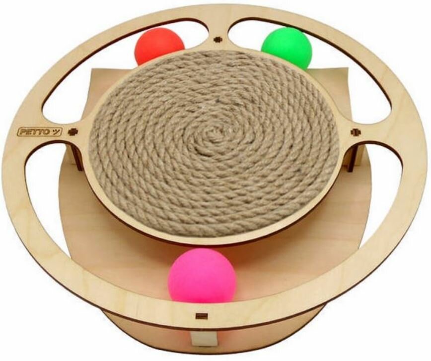 GoSi Игрушка для кошек развивающая Круг с шарикамии и когтеточкой из каната, 32*3,6 см