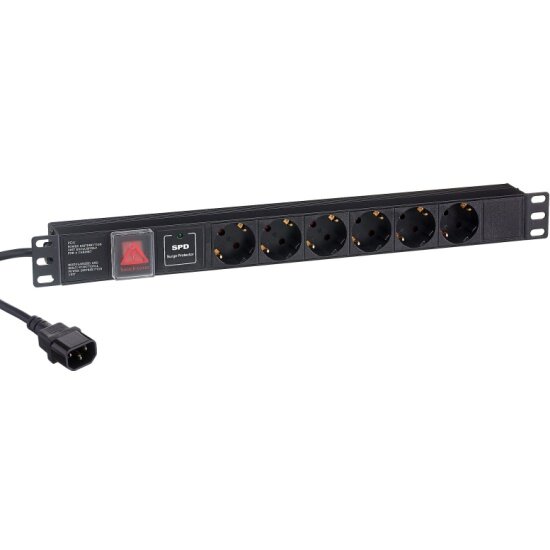 Exegate EX280834RUS Блок розеток ExeGate ServerPro PDU-19H609 Al-6S-C14-2, 19",1U,алюм, 6Schuko, кабель с C14 2м, SPD1 - фото №1