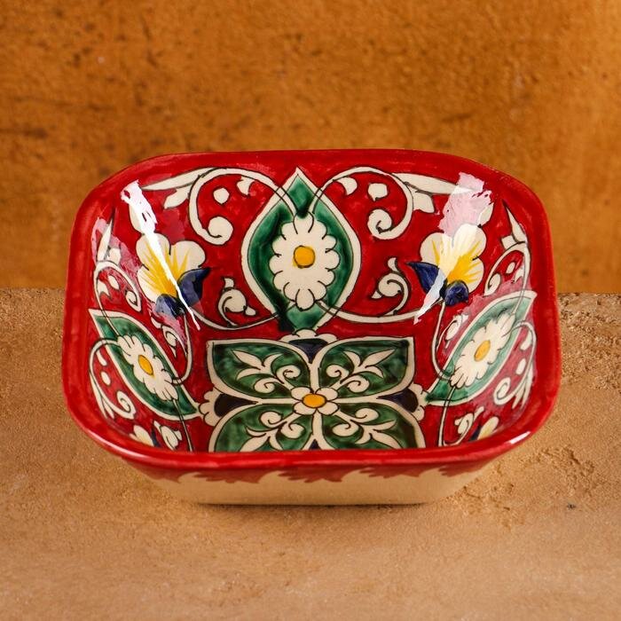 фото Салатница Риштанская Керамика "Цветы", 14 см, красная, микс