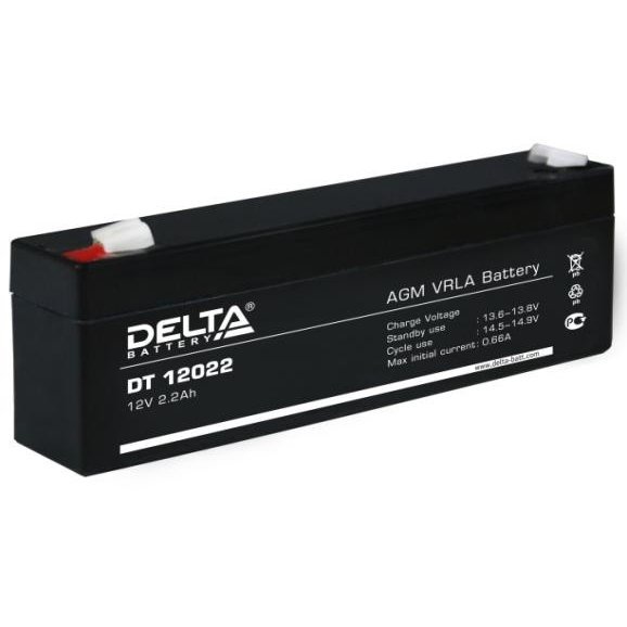 АКБ-2,2 Delta DT 12022 Свинцово-кислотный, герметичный аккумулятор, 12В/2.2Ач, 178х35х60мм, 0,97кг