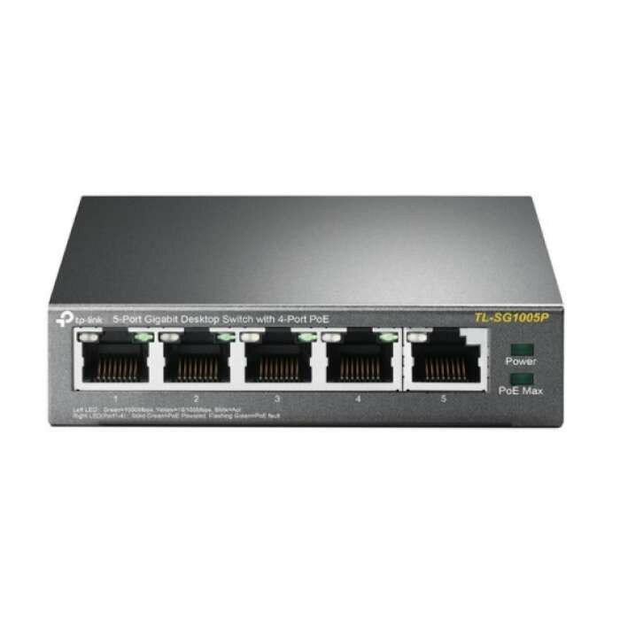 Неуправляемый коммутатор Tp-Link TL-SG1005P,компактный, 5 гигабитных портов RJ45,включая 4 порта PoE, бюджет PoE до 56 Вт, стальной корпус