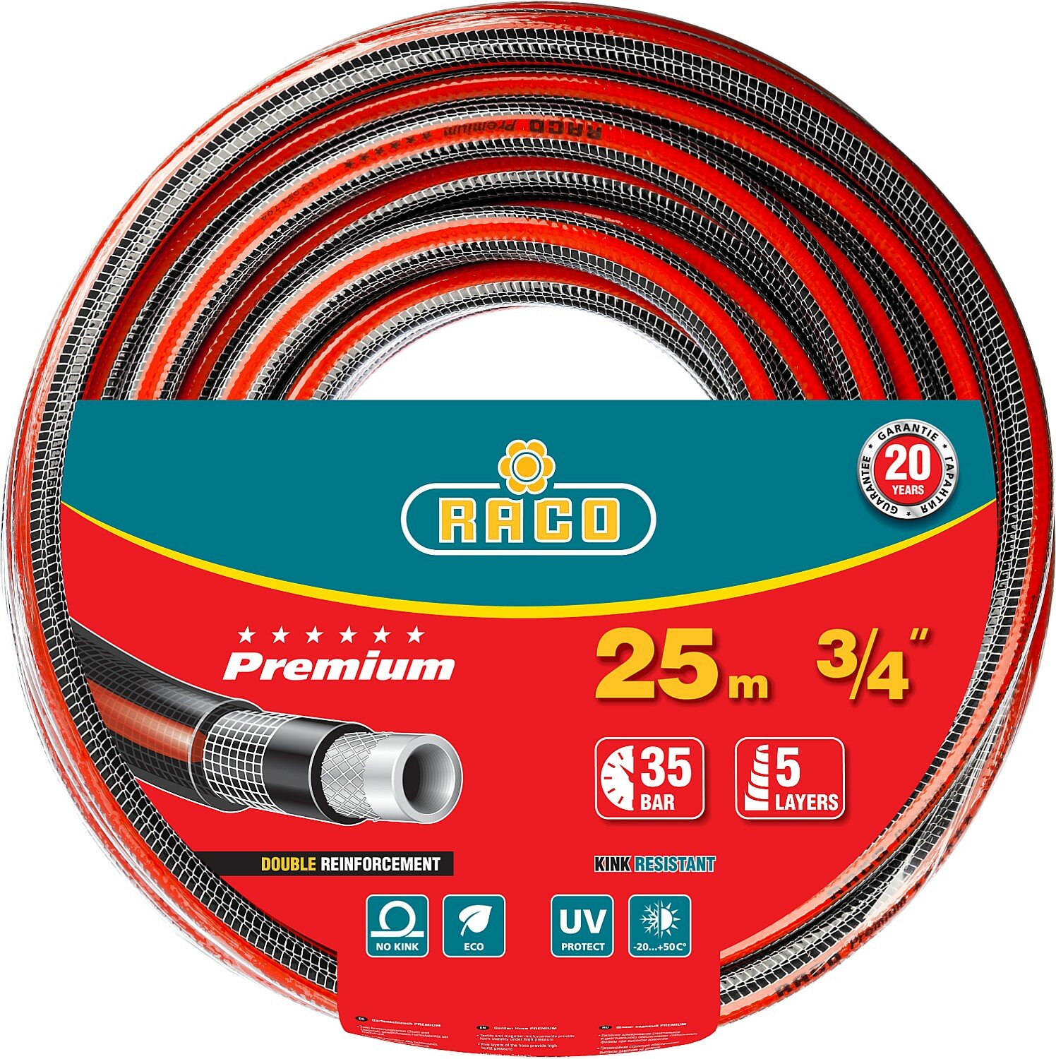 RACO PREMIUM 3/4″ 25 м, 35 атм, пятислойный, усиленный двумя слоями армирования, Поливочный шланг (40300-3/4-25) - фотография № 1