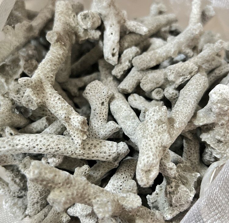 Натуральные коралловые камни 5 кг в сетке.
