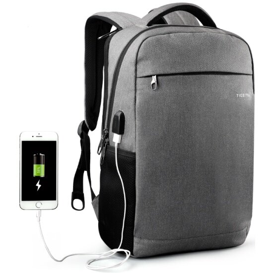 Рюкзак TIGERNU T-B3217, USB-порт для Power Bank, серый