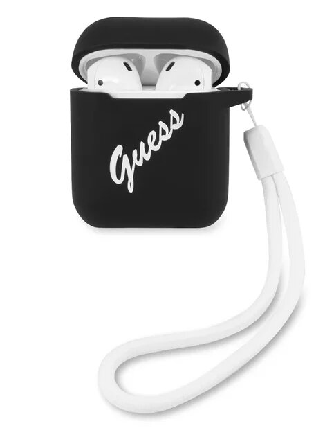 Guess для Airpods Silicone case Script logo with cord Black/White, шт