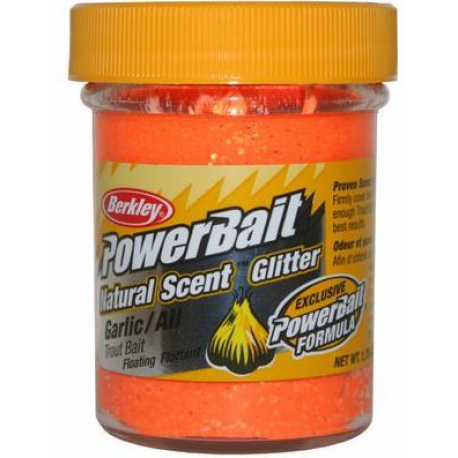 Berkley, Форелевая паста Powerbait Natural Scent Glitter Garlic, Fluorescent Orange