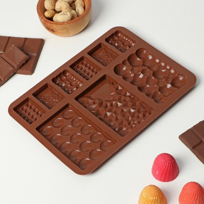 Форма силиконовая для шоколада Доляна «Шоколадное ассорти», 20×14,5×0,7 см, 9 ячеек, цвет коричневый - фотография № 5