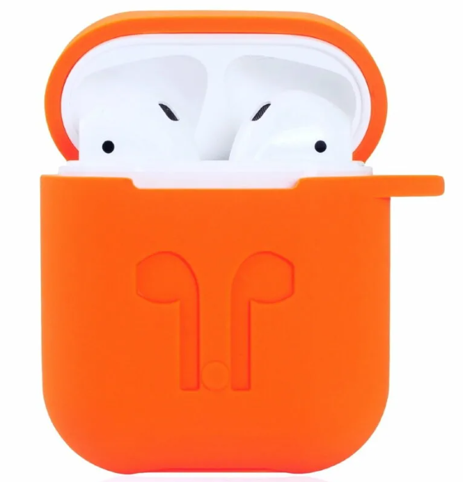 Чехол силиконовый для Airpods 1/Airpods 2 case, оранжевый с карабином, $