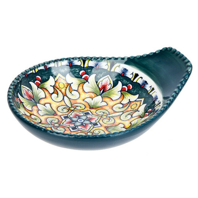 фото блюдо NOUVELLE HOME Arabesque 11х9,5х3см с ручкой для оливок фарфор зеленый