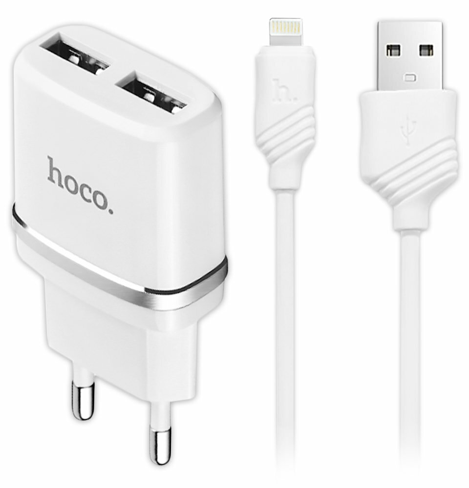 Зарядное устройство Hoco C12 Smart dual USB charger 2.4A + Lightning cable white