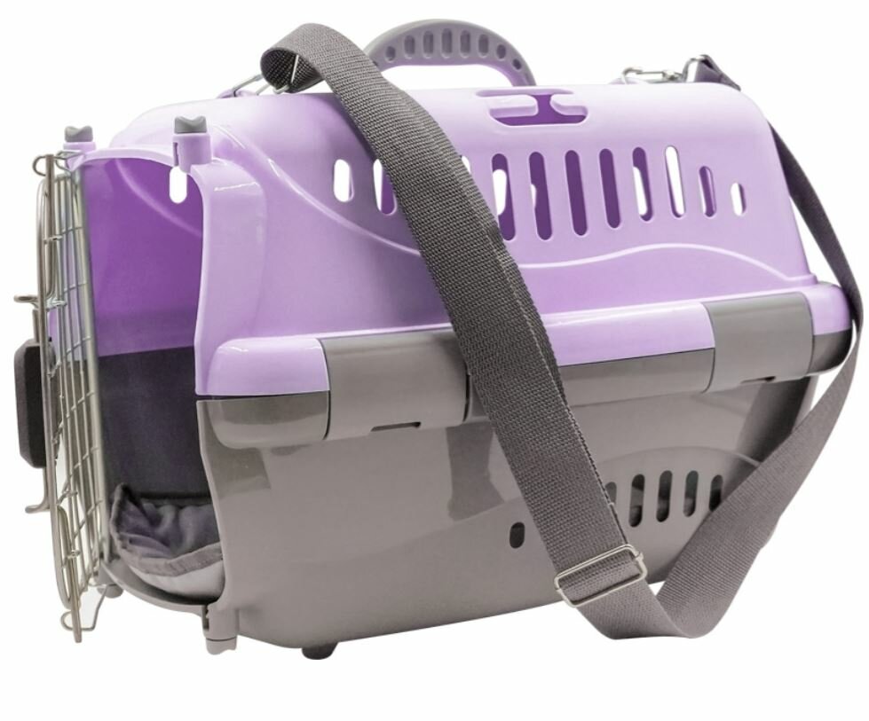 фото Зооэкспресс Переноска для животных "Турне" M авиа с металлической дверцей (коврик+ремень), 48*32*32см, фиолетовая 1.5 кг