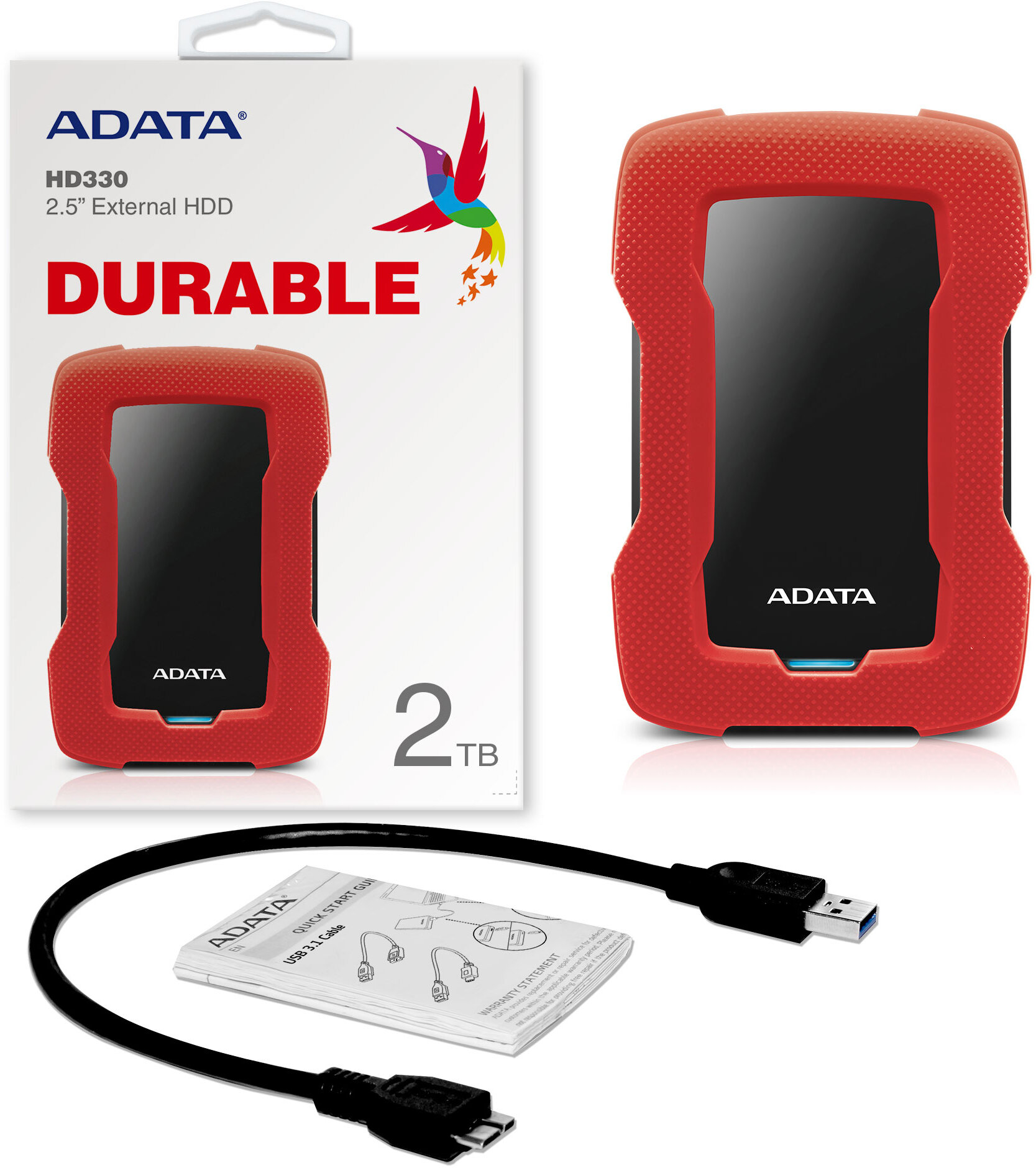 Внешний жесткий диск Portable HDD 2TB ADATA HD330 (Red), Silicone, USB 3.2 Gen1, 133x89x16mm, 190g