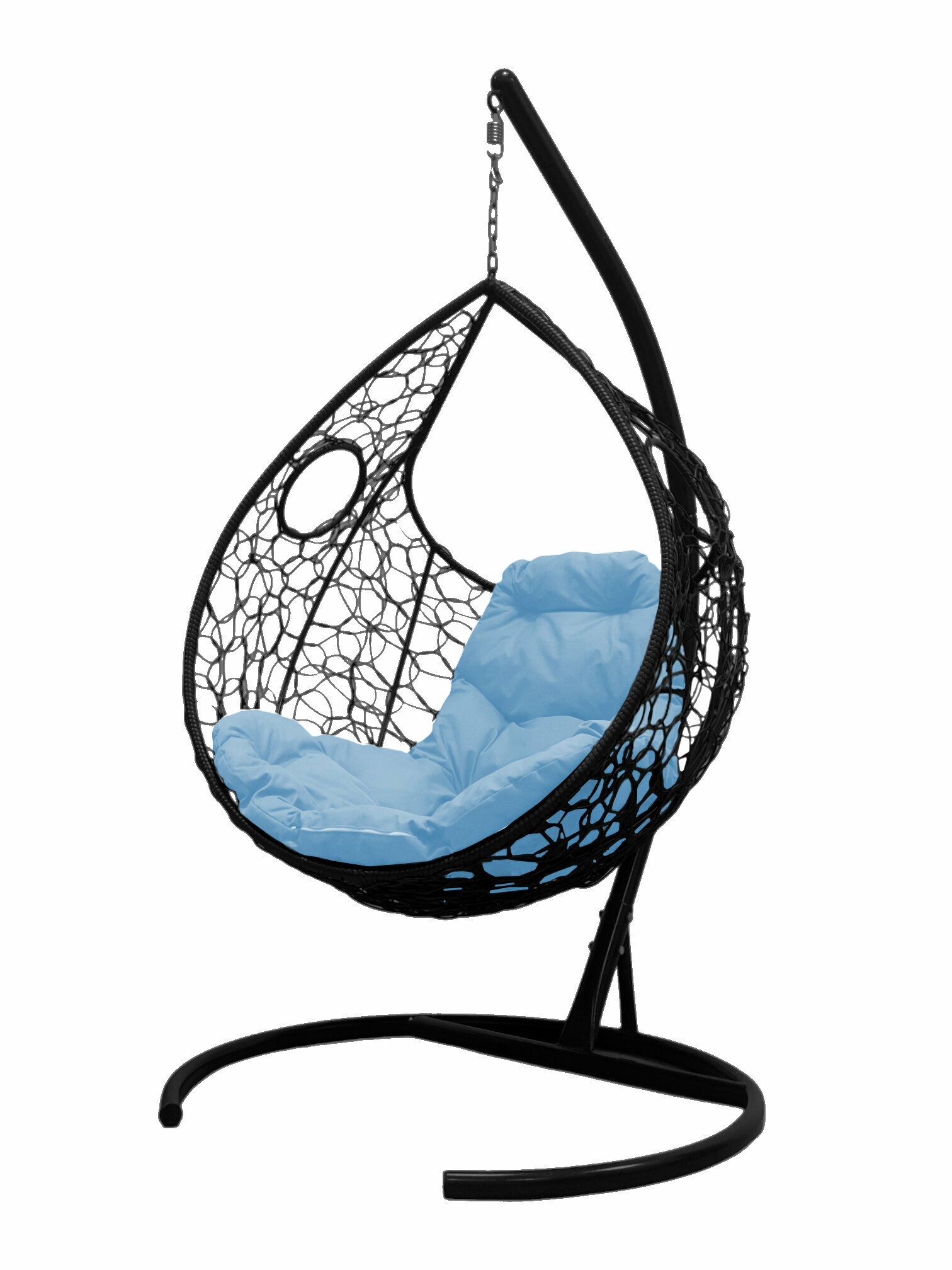 Подвесное кресло ротанг чёрное, голубая подушка - фотография № 1