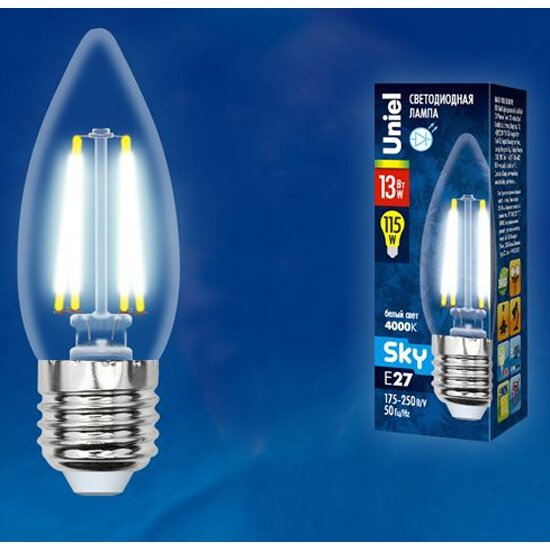 Светодиодная лампа UNIEL LED-C35-13W/4000K/E27/CL PLS02WH Форма "свеча", прозрачная. Серия Sky. Белый свет (4000К). Картон. ТМ .