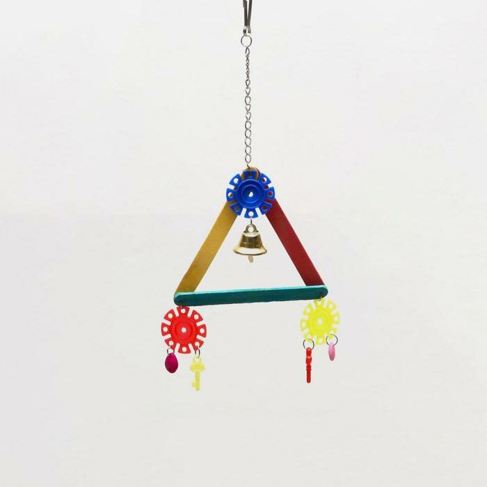 Игрушка для птиц Разноцветный треугольник, с колокольчиком, микс - фотография № 2