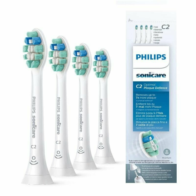 Насадки для электрической зубной щетки Заменяет Philips Sonicare C2 Premium Plague Defense HX9024, для эффективного удаления налёта, 4 шт