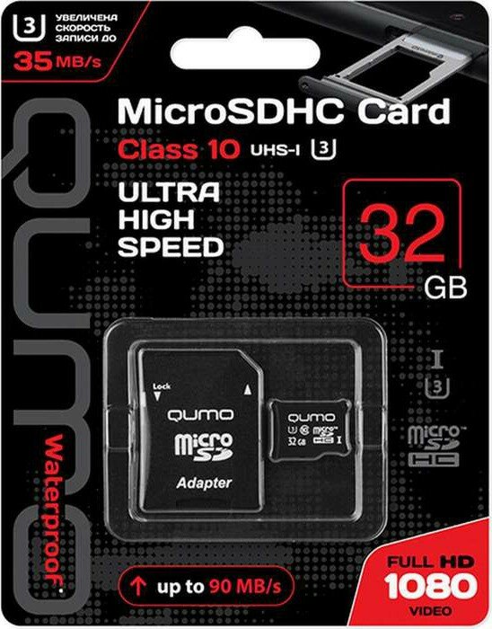 Карта памяти 32Gb MicroSD QUMO + SD адаптер (QM32GMICSDHC10U3)