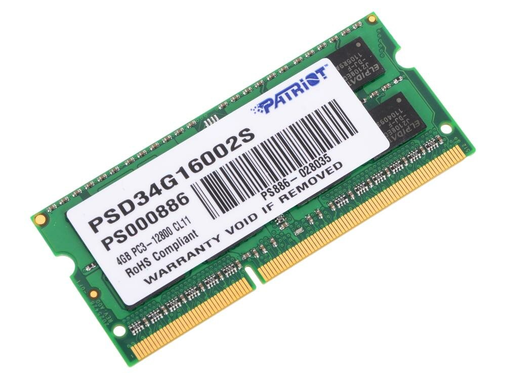 Оперативная память для ноутбука Patriot PSD34G16002S SO-DIMM 4Gb DDR3 1600 MHz PSD34G16002S