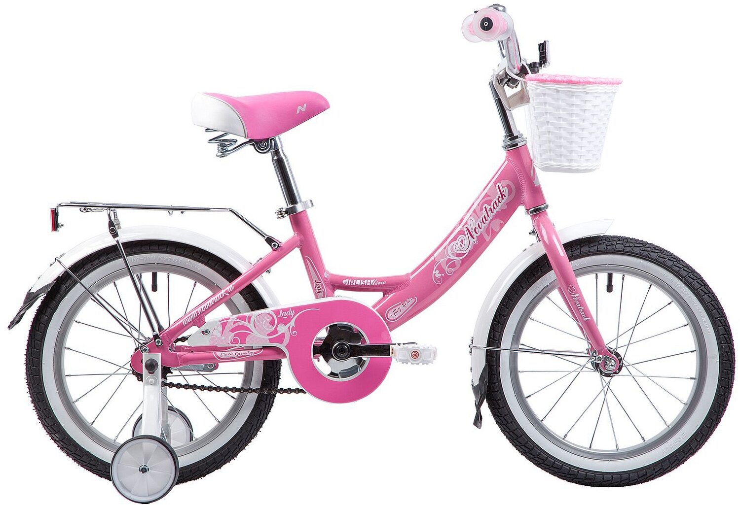 Велосипед NOVATRACK GIRLISH LINE 16" (2019) (Велосипед NOVATRACK 16" GIRLISH LINE,розовый, алюм.рама, тормоз нож, цвет крылья, хром багажник, пер)