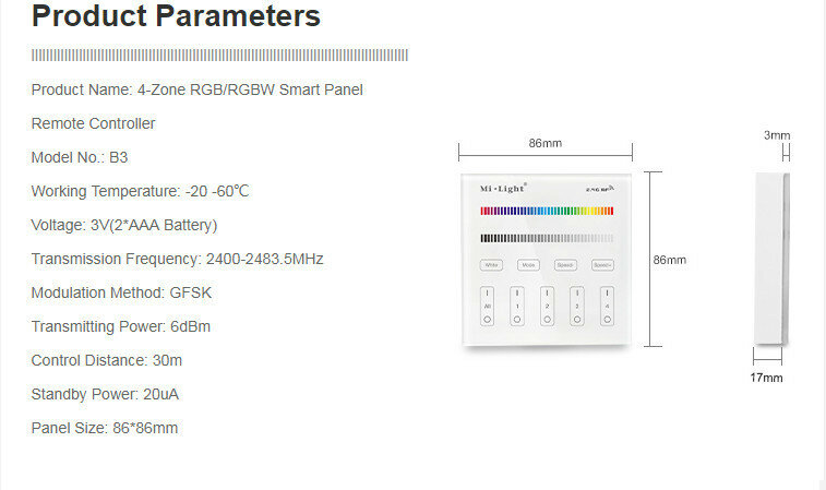 Панель сенсорная Mi-light B3, RGB/RGBW, накладная, радио 2.4 GHz, многозонная - фотография № 8