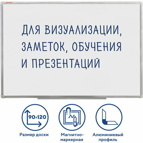 Доска магнитно-маркерная 90х120 см, алюминиевая рамка, гарантия 10 ЛЕТ, россия, BRAUBERG Стандарт, 235522