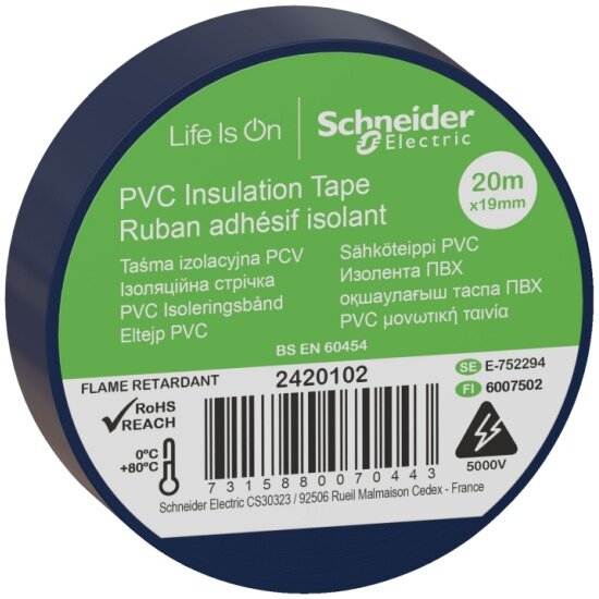 Изолента SCHNEIDER ELECTRIC ПВХ 19мм х 20м, синий (2420102)