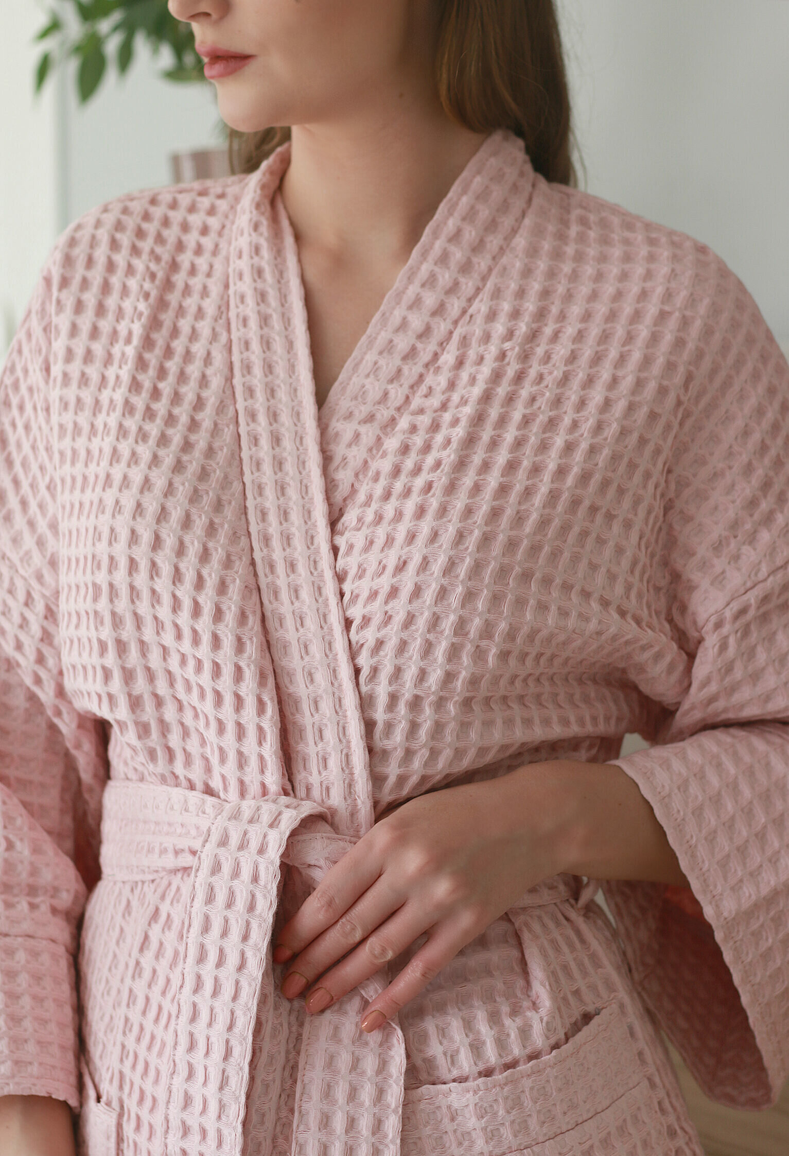 Вафельный халат ZUKI кимоно унисекс Нежно-розовый - M (46-48) - фотография № 5