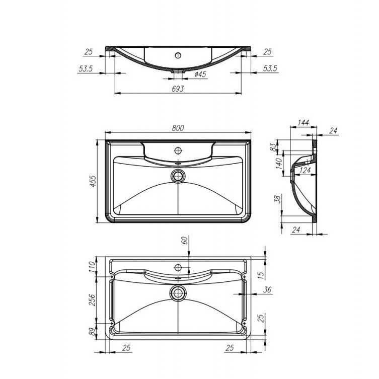 Раковина из искусственного камня BelBagno BB800/455-LV-ART-ALR-NERO 800х455х145 Полувстраиваемая/подвесная, цвет матовый черный - фотография № 3