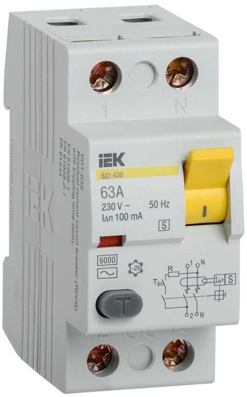 Выключатель дифференциальный (УЗО) ВД1-63S 2п 63А 100мА тип AC | код. MDV12-2-063-100 | IEK ( 1шт. )