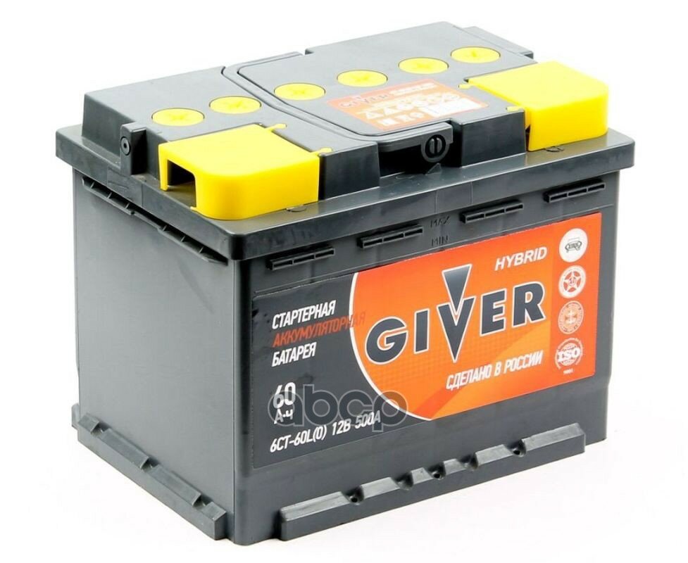 Аккумулятор Giver Hybrid 60а/Ч 500а 12в Обратная (-) (+) Полярн. Стандартные (Европа) Клеммы Giver арт. 6СТ600