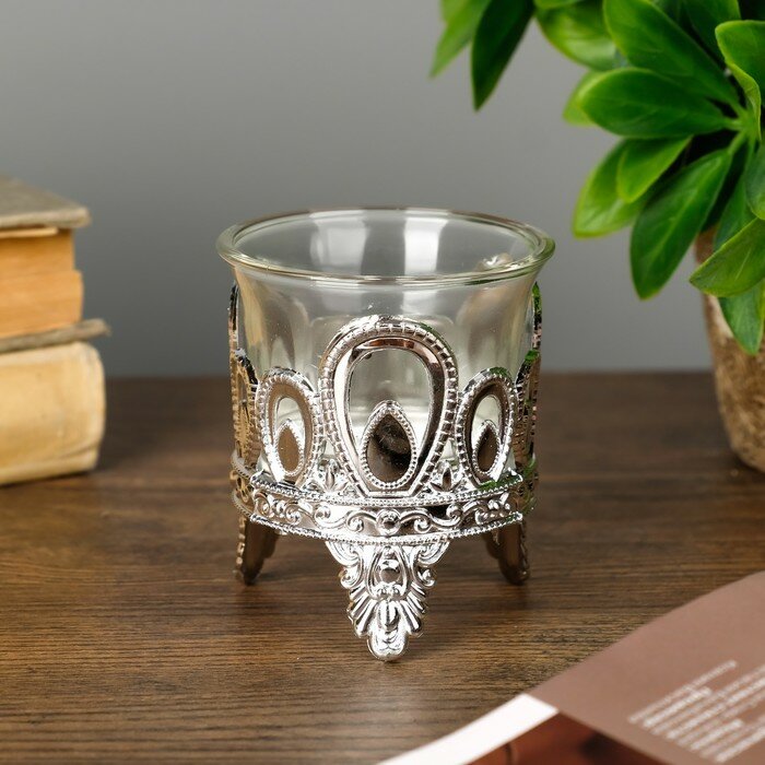 Подсвечник пластик, стекло на 1 свечу "Капельки" серебро 7х6х6 см - фотография № 2
