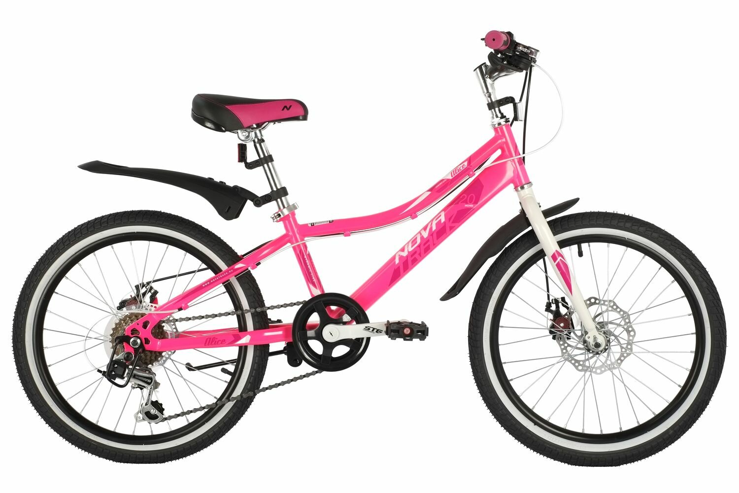Велосипед NOVATRACK ALICE Disc 20" (2021) (Велосипед NOVATRACK 20" ALICE розовый, стальная рама, 6 скор., Shimano TY21/Microshift TS38, дисков)