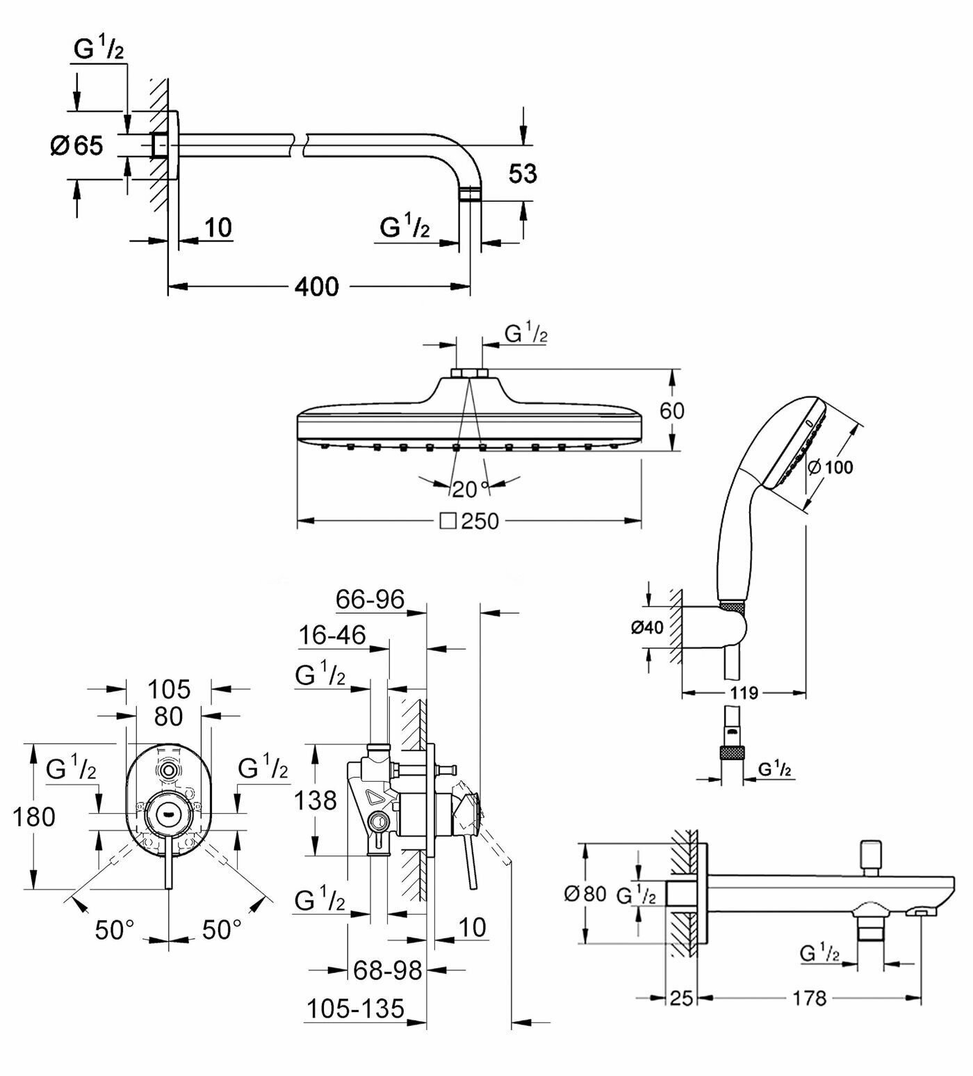 Встраиваемая душевая система с квадратным тропическим душем и изливом Grohe BauClassic Professional 250 Cube - фотография № 4