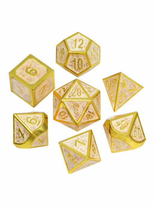 Набор металлических игральных костей (D4, D6, D8, D10-2, D12, D20) MTGTRADE (золотой с белой зернистой заливкой)