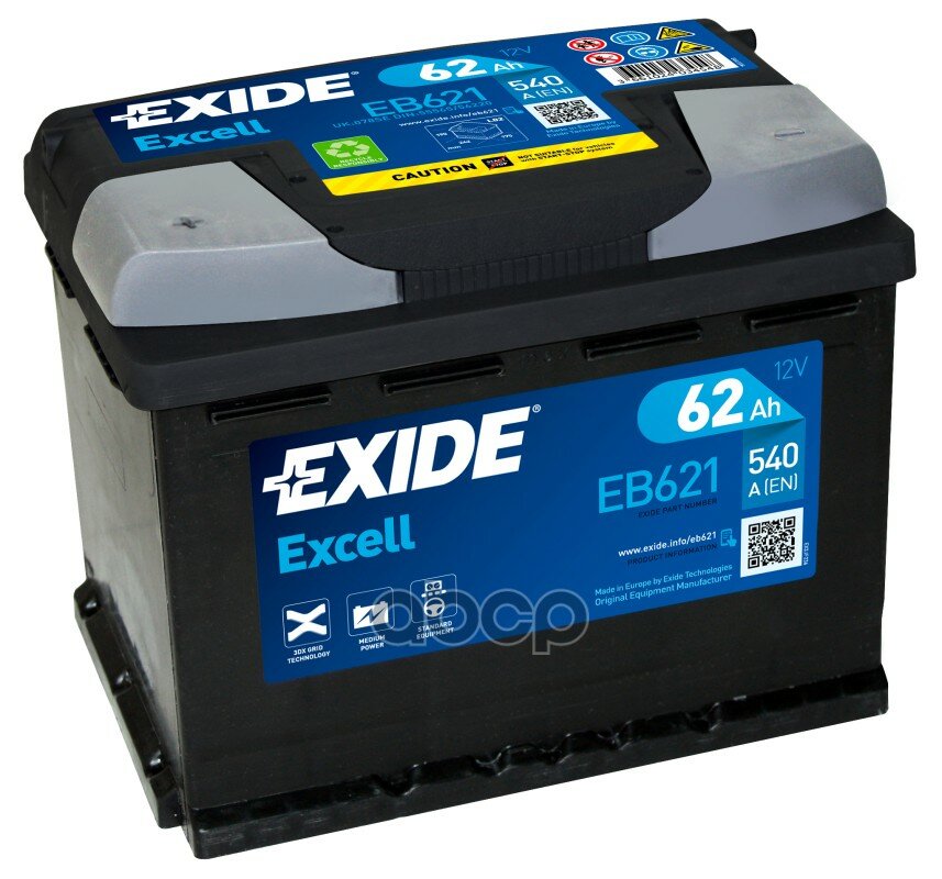 Аккумулятор Excell 12v 62ah 540a 242х175х190 Полярность Etn1 Клемы En Крепление B13 EXIDE арт. EB621