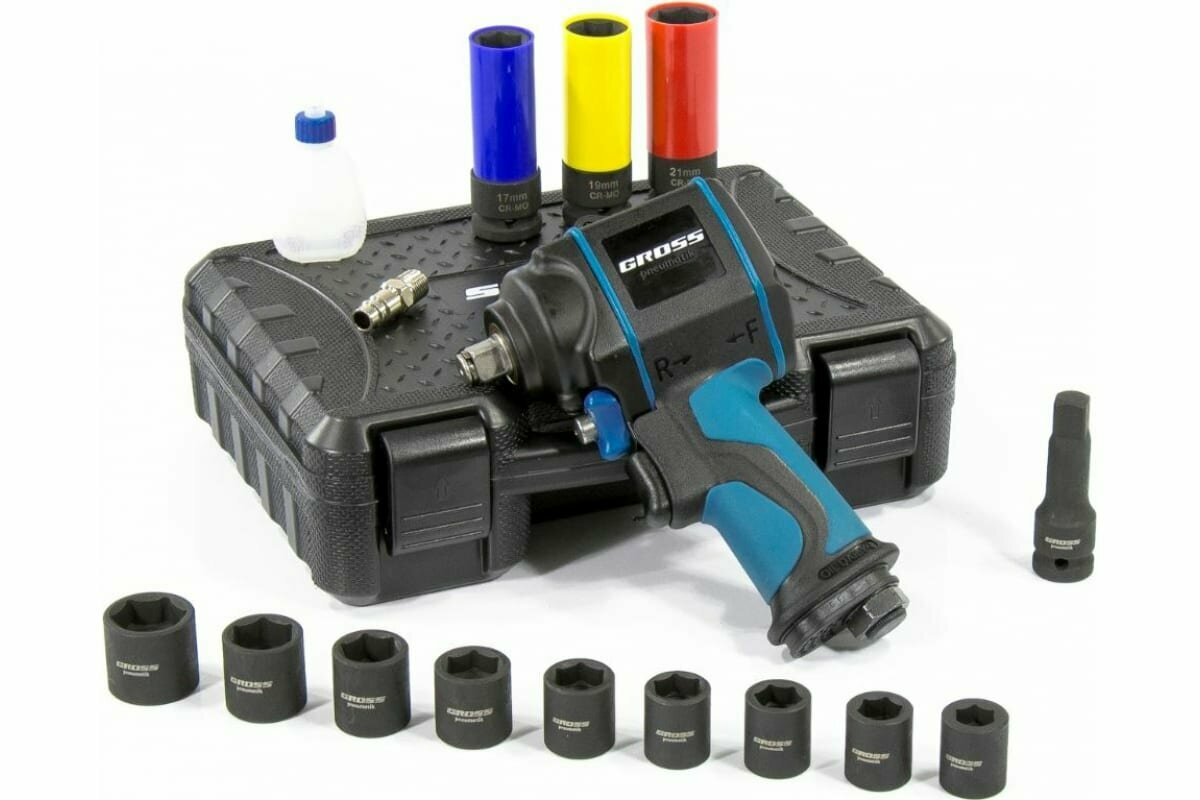 фото Гайковерт пневмо. ударный "Gross" G985K2, 1/2", 610Нм 9000 об/мин, с набором 17 предметов// Gross