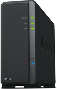 Сетевое хранилище данных Synology DS118 DC1,4GhzCPU/1Gb/upto 1HDD SATA(3,5'')/2xUSB3.0/1GigEth/iSCSI/2xIPcam(upto 15)/1xPS repl DS116