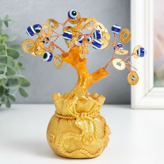 Сувенир бонсай "Денежное дерево в золотом мешке" 16 глазиков, 32 монеты 15х6,5х6 см - фотография № 1