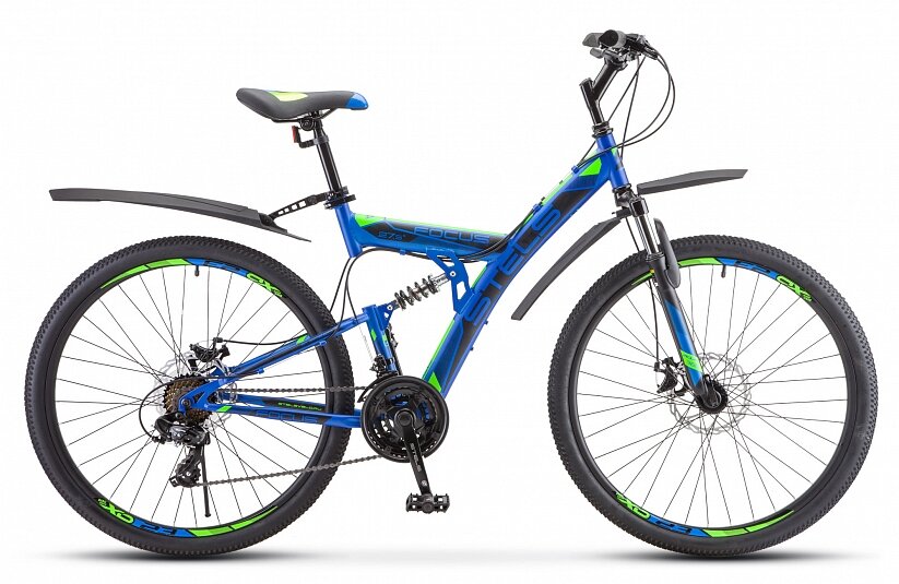 Горный (MTB) велосипед STELS Focus MD 27.5 21-sp V010 (2019) рама 19" Синий/неоновый_зелёный